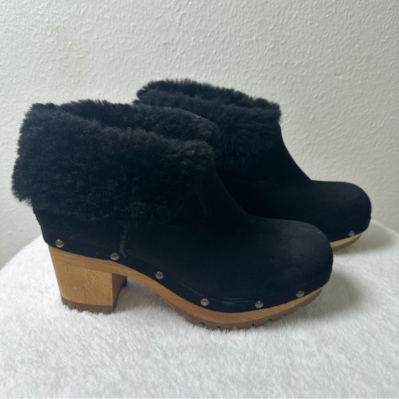 UGG Thebes Black Suede Clog Wooden Bootie Mules with Faux Fur Trim - Picture 4 of 14
